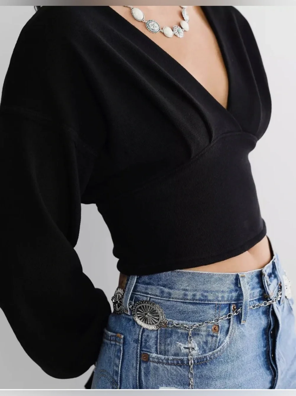 Free People Black We The Free All Nighter Thermal Cropped Top Size XS